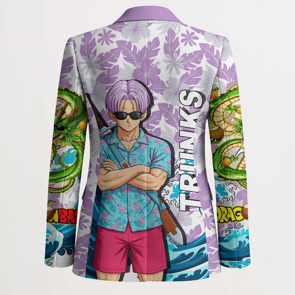 Trunks Dragon Ball Summer Theme Blazer with Sword Floral Shirt Sunglasses Shenron and Ocean Wave Background - The Mazicc