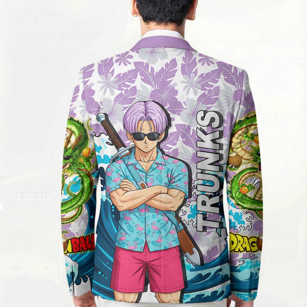 Trunks Dragon Ball Summer Theme Blazer with Sword Floral Shirt Sunglasses Shenron and Ocean Wave Background - The Mazicc