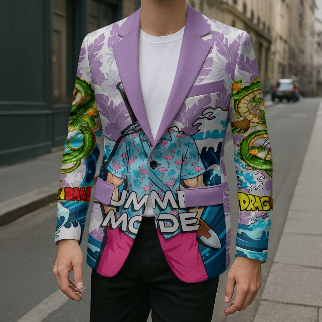 Trunks Dragon Ball Summer Theme Blazer with Sword Floral Shirt Sunglasses Shenron and Ocean Wave Background - The Mazicc