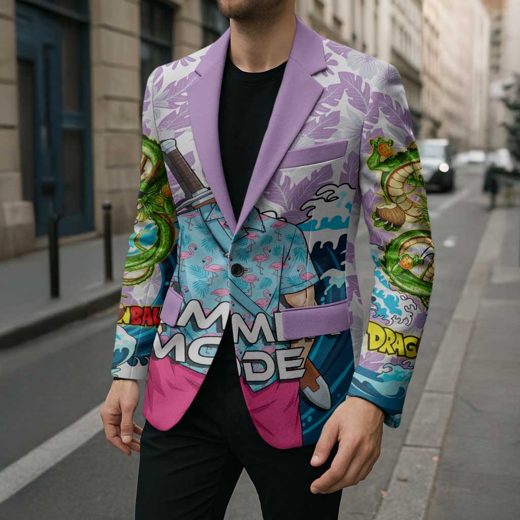 Trunks Dragon Ball Summer Theme Blazer with Sword Floral Shirt Sunglasses Shenron and Ocean Wave Background - The Mazicc