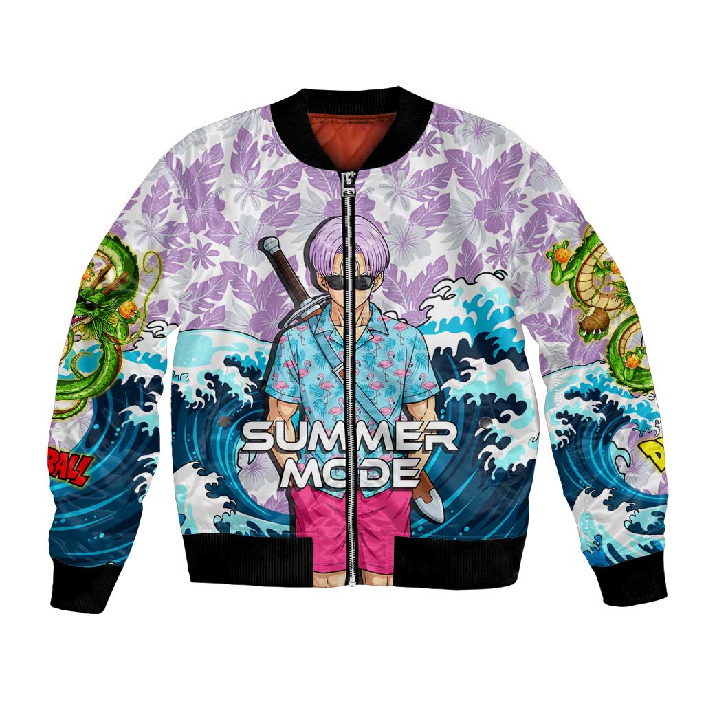 Trunks Dragon Ball Summer Theme Bomber Jacket with Sword Floral Shirt Sunglasses Shenron and Ocean Wave Background - The Mazicc