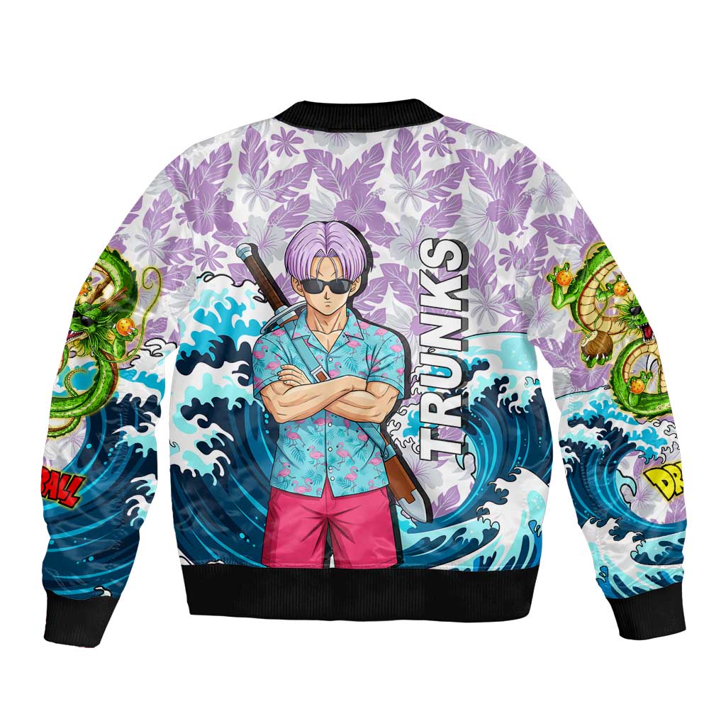 Trunks Dragon Ball Summer Theme Bomber Jacket with Sword Floral Shirt Sunglasses Shenron and Ocean Wave Background - The Mazicc