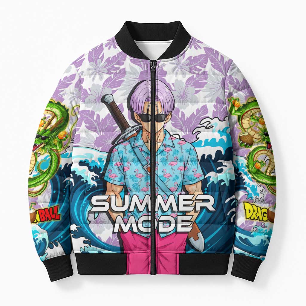 Trunks Dragon Ball Summer Theme Bomber Puffer Jacket with Sword Floral Shirt Sunglasses Shenron and Ocean Wave Background - The Mazicc