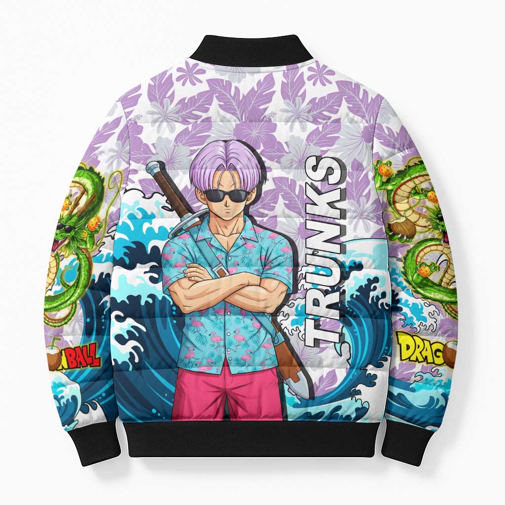 Trunks Dragon Ball Summer Theme Bomber Puffer Jacket with Sword Floral Shirt Sunglasses Shenron and Ocean Wave Background - The Mazicc
