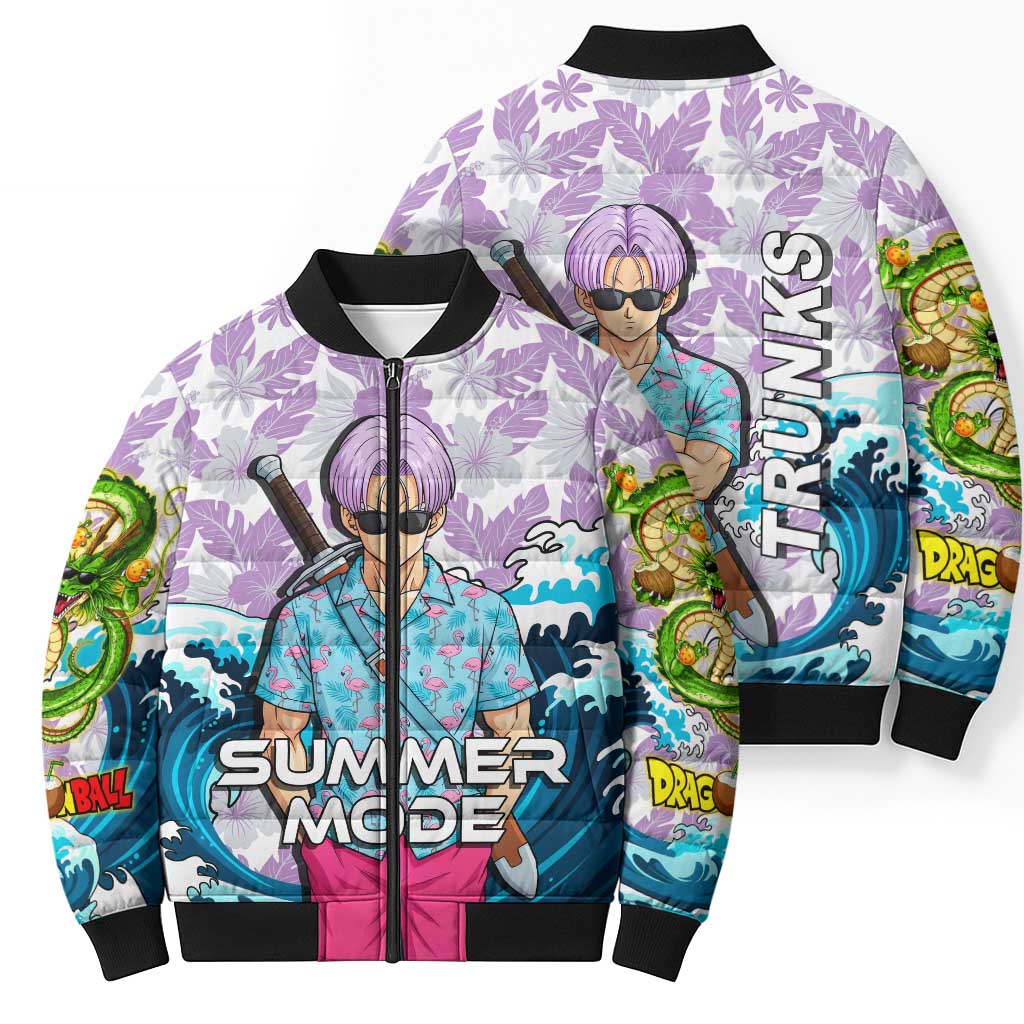 Trunks Dragon Ball Summer Theme Bomber Puffer Jacket with Sword Floral Shirt Sunglasses Shenron and Ocean Wave Background - The Mazicc