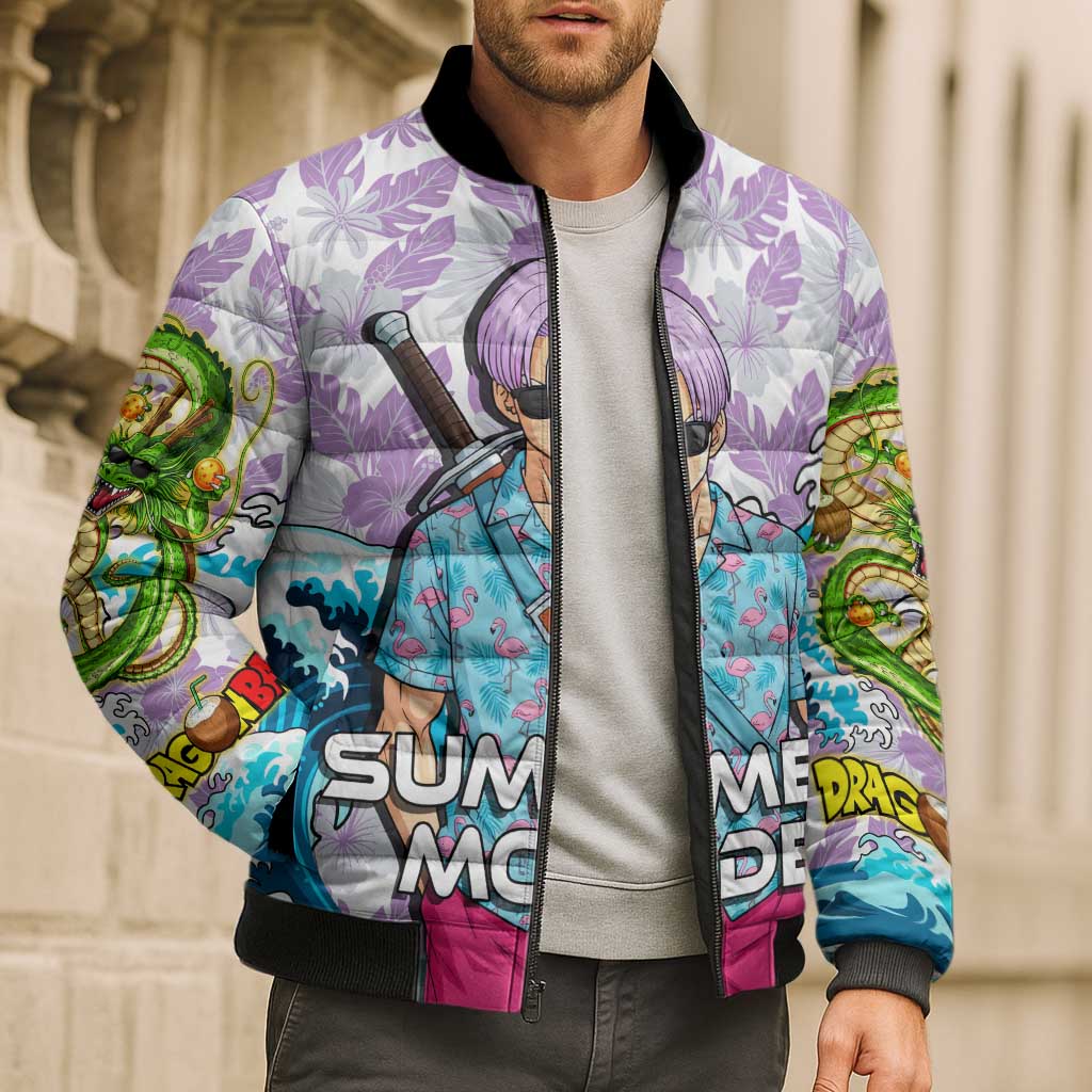 Trunks Dragon Ball Summer Theme Bomber Puffer Jacket with Sword Floral Shirt Sunglasses Shenron and Ocean Wave Background - The Mazicc