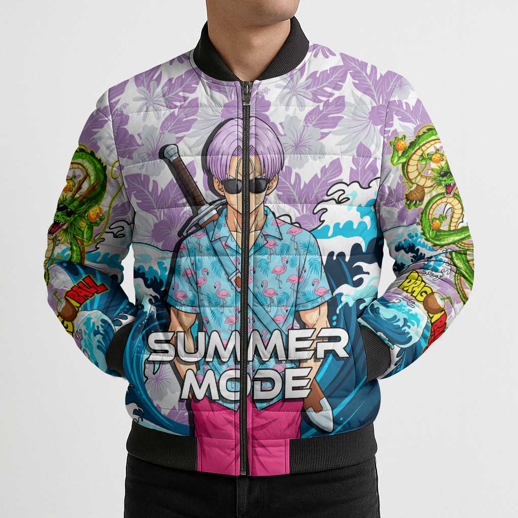 Trunks Dragon Ball Summer Theme Bomber Puffer Jacket with Sword Floral Shirt Sunglasses Shenron and Ocean Wave Background - The Mazicc