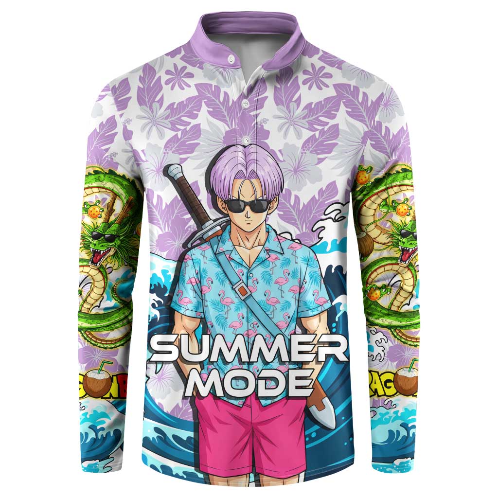Trunks Dragon Ball Summer Theme Button Sweatshirt with Sword Floral Shirt Sunglasses Shenron and Ocean Wave Background - The Mazicc