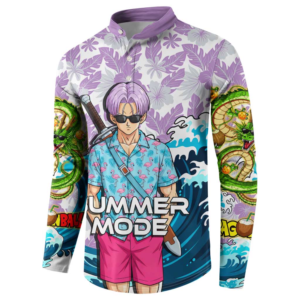 Trunks Dragon Ball Summer Theme Button Sweatshirt with Sword Floral Shirt Sunglasses Shenron and Ocean Wave Background - The Mazicc