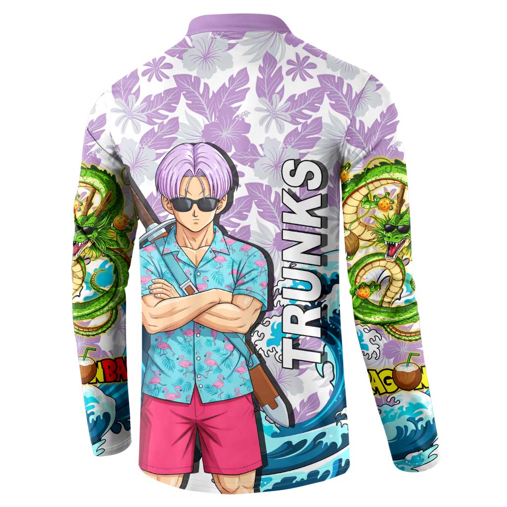 Trunks Dragon Ball Summer Theme Button Sweatshirt with Sword Floral Shirt Sunglasses Shenron and Ocean Wave Background - The Mazicc