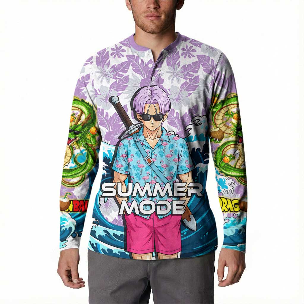 Trunks Dragon Ball Summer Theme Button Sweatshirt with Sword Floral Shirt Sunglasses Shenron and Ocean Wave Background - The Mazicc