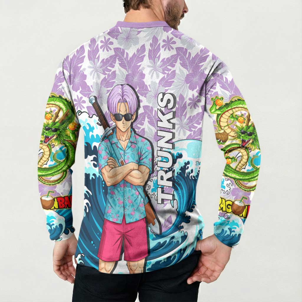 Trunks Dragon Ball Summer Theme Button Sweatshirt with Sword Floral Shirt Sunglasses Shenron and Ocean Wave Background - The Mazicc
