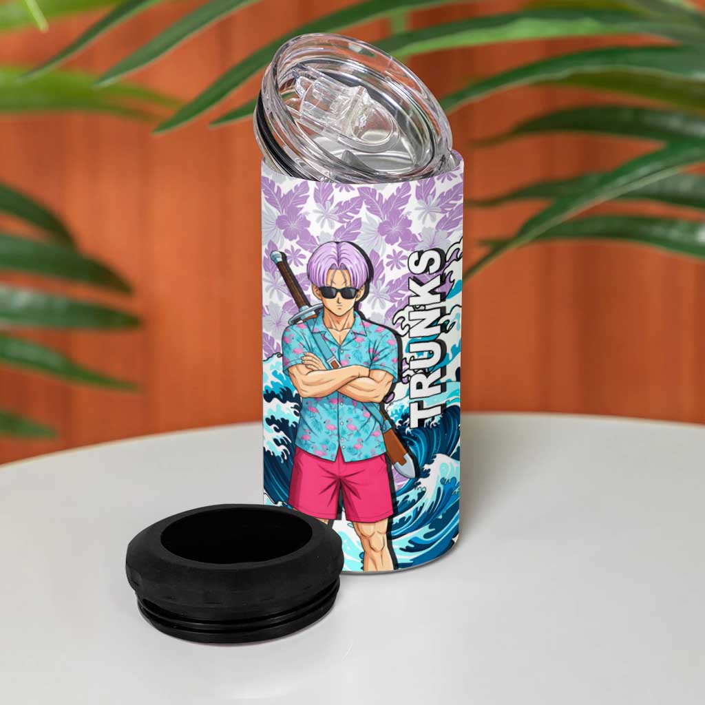 Trunks Dragon Ball Summer Theme 4 in 1 Can Cooler Tumbler with Sword Floral Shirt Sunglasses Shenron and Ocean Wave Background - The Mazicc