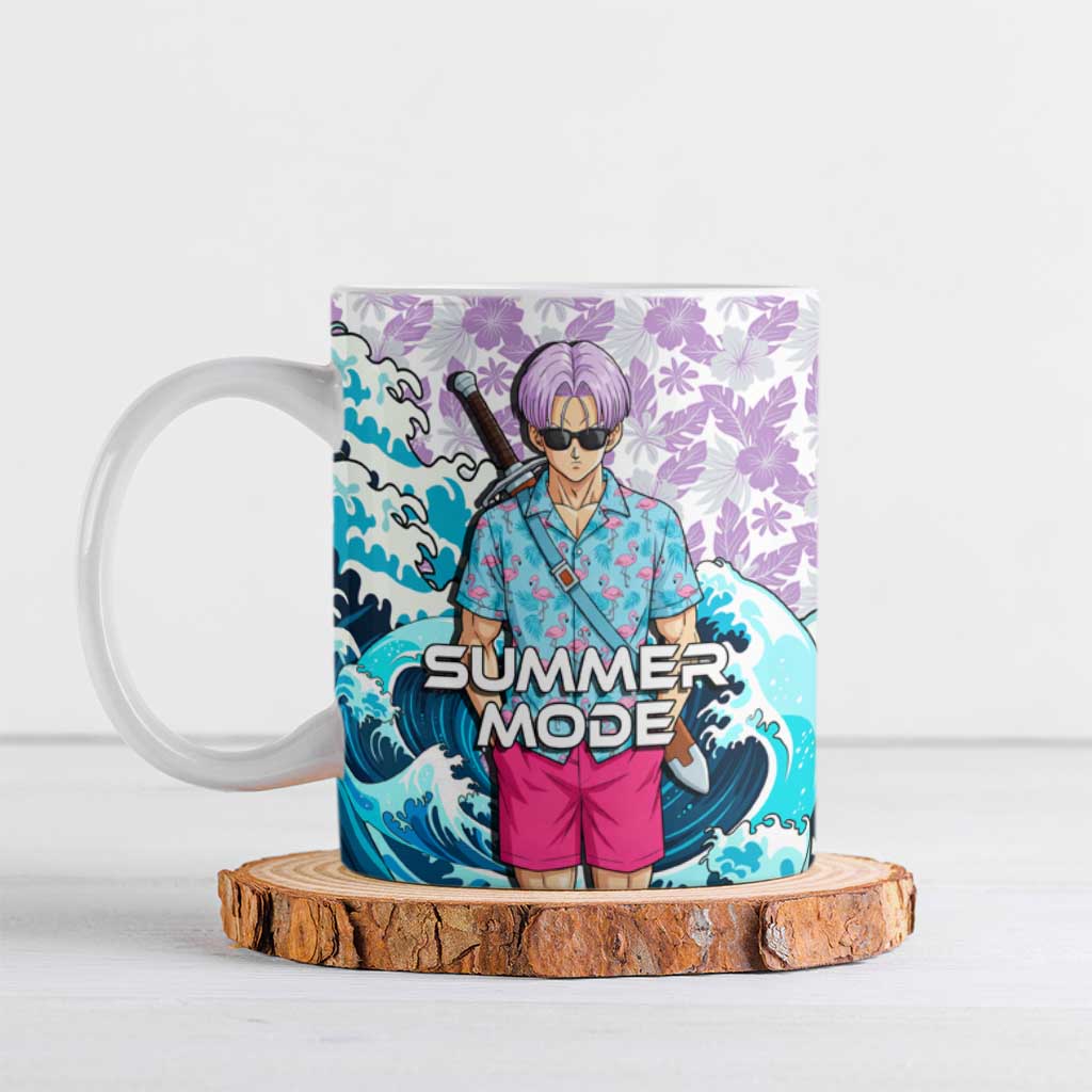 Trunks Dragon Ball Summer Theme Ceramic Mug with Sword Floral Shirt Sunglasses Shenron and Ocean Wave Background - The Mazicc