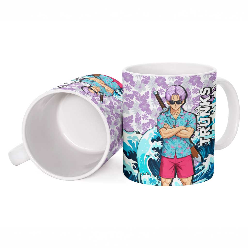 Trunks Dragon Ball Summer Theme Ceramic Mug with Sword Floral Shirt Sunglasses Shenron and Ocean Wave Background - The Mazicc