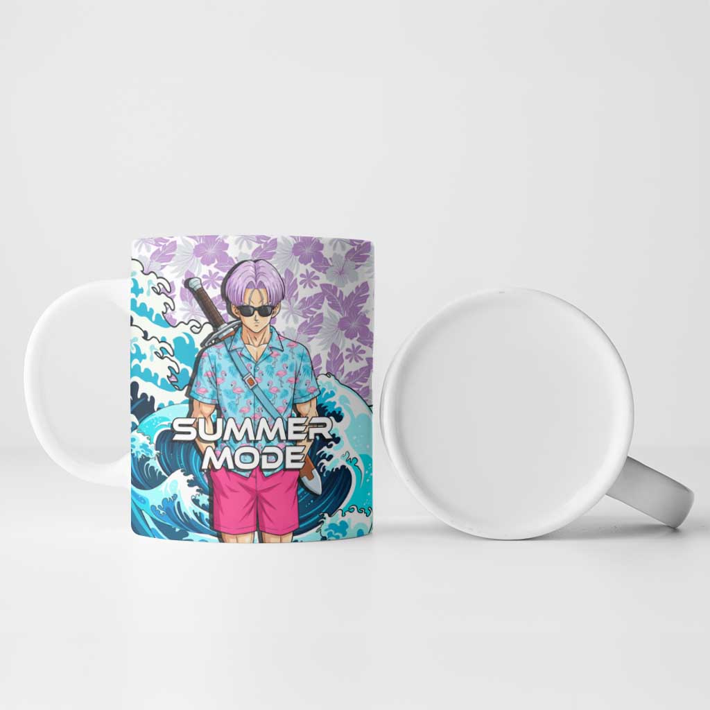 Trunks Dragon Ball Summer Theme Ceramic Mug with Sword Floral Shirt Sunglasses Shenron and Ocean Wave Background - The Mazicc