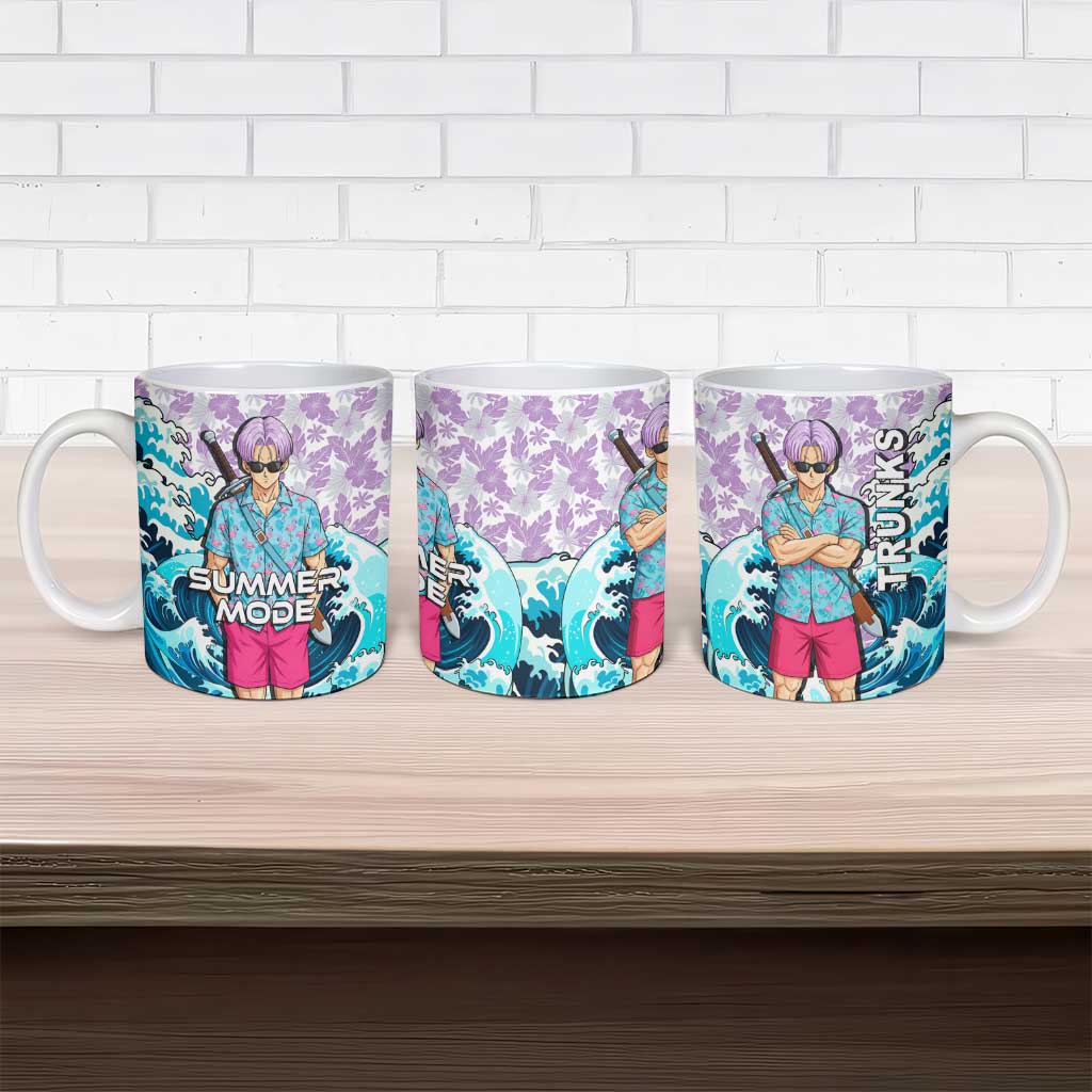 Trunks Dragon Ball Summer Theme Ceramic Mug with Sword Floral Shirt Sunglasses Shenron and Ocean Wave Background - The Mazicc