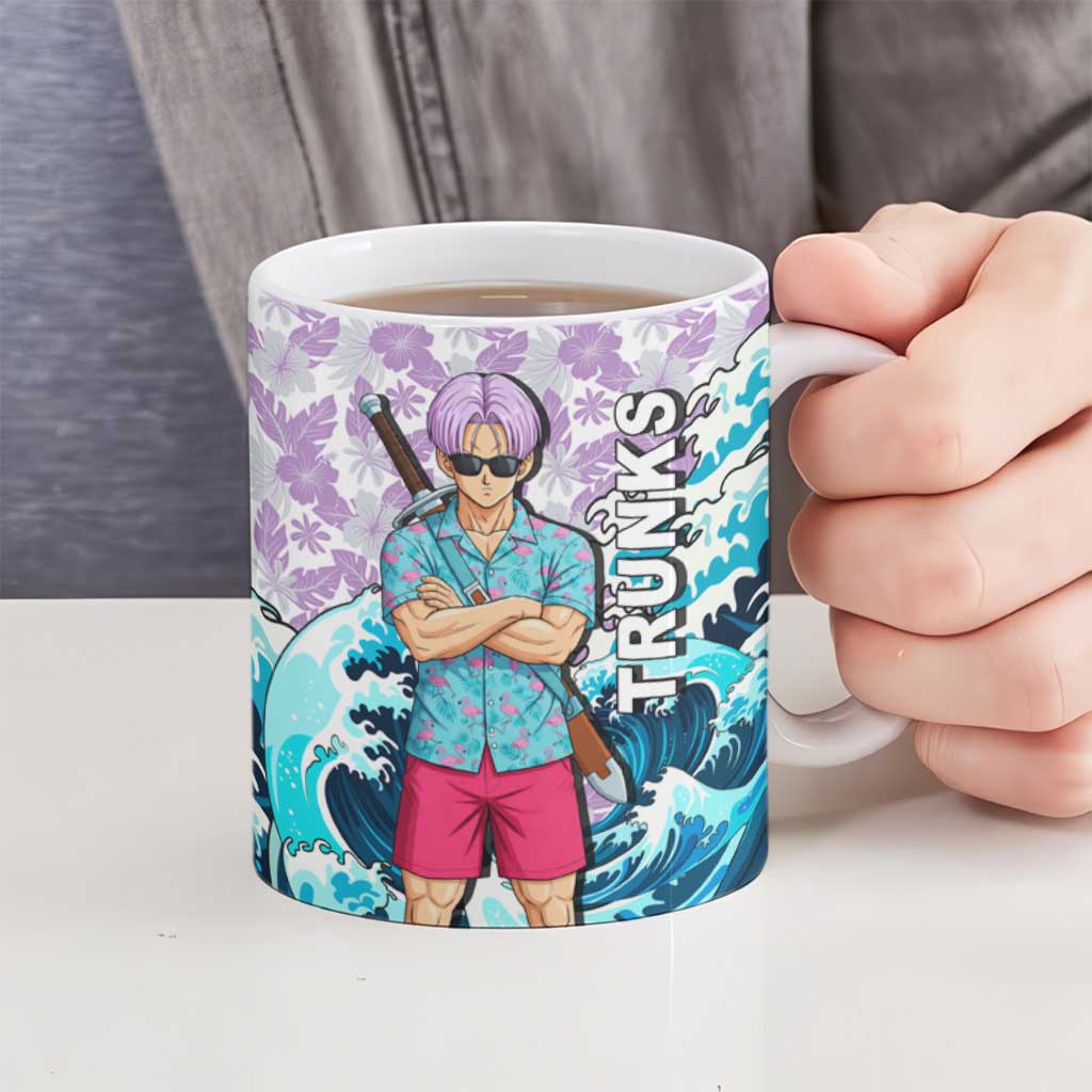 Trunks Dragon Ball Summer Theme Ceramic Mug with Sword Floral Shirt Sunglasses Shenron and Ocean Wave Background - The Mazicc