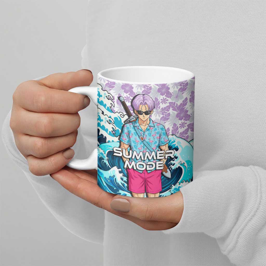 Trunks Dragon Ball Summer Theme Ceramic Mug with Sword Floral Shirt Sunglasses Shenron and Ocean Wave Background - The Mazicc