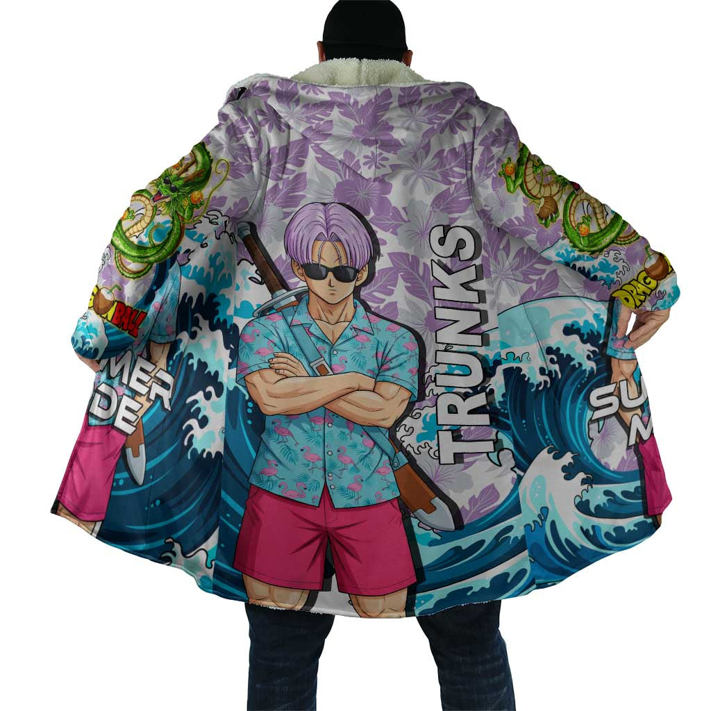 Trunks Dragon Ball Summer Theme Cloak with Sword Floral Shirt Sunglasses Shenron and Ocean Wave Background - The Mazicc