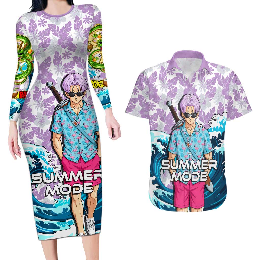 Trunks Dragon Ball Summer Theme Couples Matching Long Sleeve Bodycon Dress and Hawaiian Shirt with Sword Floral Shirt Sunglasses Shenron and Ocean Wave Background - The Mazicc