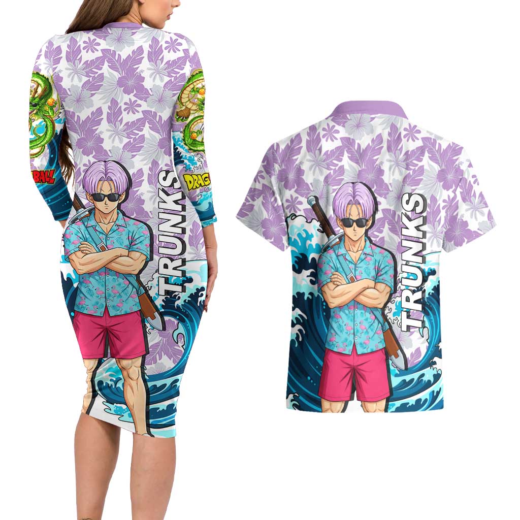 Trunks Dragon Ball Summer Theme Couples Matching Long Sleeve Bodycon Dress and Hawaiian Shirt with Sword Floral Shirt Sunglasses Shenron and Ocean Wave Background - The Mazicc
