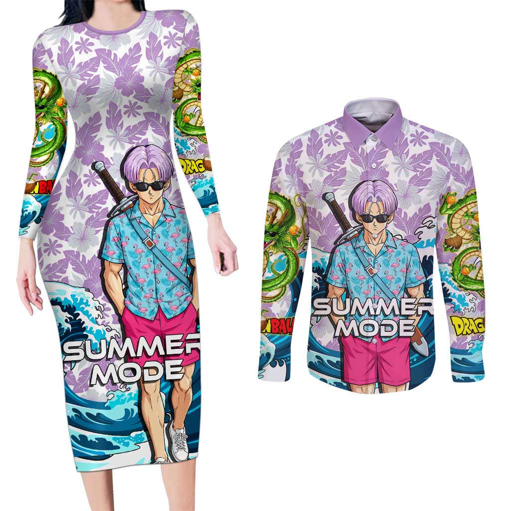 Trunks Dragon Ball Summer Theme Couples Matching Long Sleeve Bodycon Dress and Long Sleeve Button Shirt with Sword Floral Shirt Sunglasses Shenron and Ocean Wave Background - The Mazicc