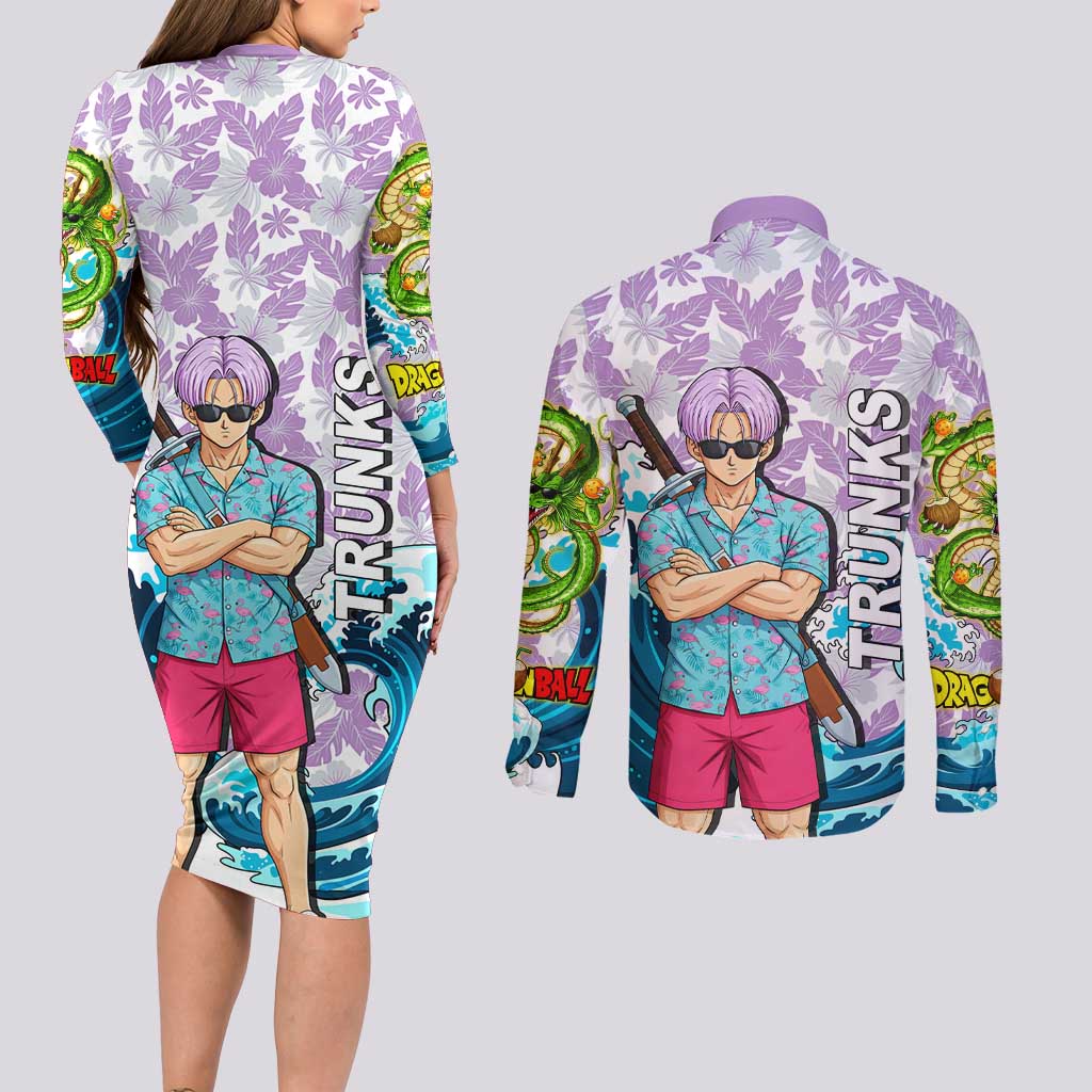Trunks Dragon Ball Summer Theme Couples Matching Long Sleeve Bodycon Dress and Long Sleeve Button Shirt with Sword Floral Shirt Sunglasses Shenron and Ocean Wave Background - The Mazicc