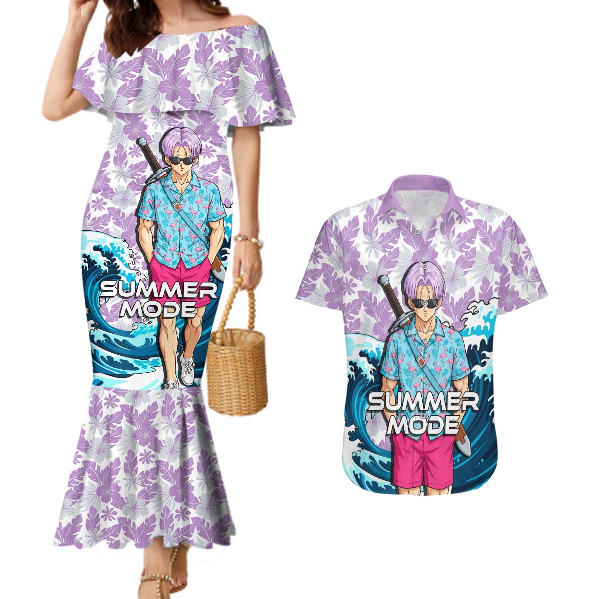 Trunks Dragon Ball Summer Theme Couples Matching Mermaid Dress and Hawaiian Shirt with Sword Floral Shirt Sunglasses Shenron and Ocean Wave Background - The Mazicc