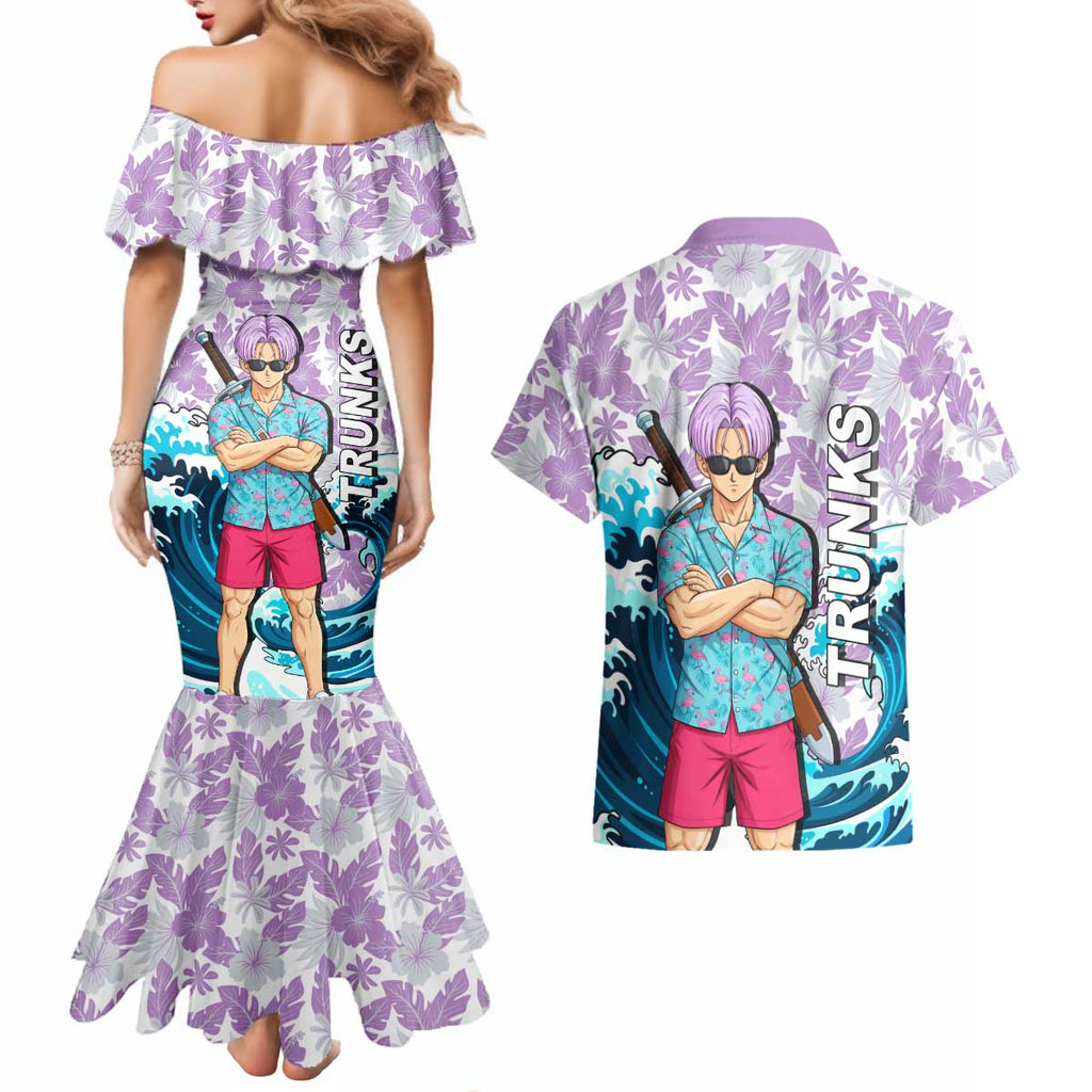 Trunks Dragon Ball Summer Theme Couples Matching Mermaid Dress and Hawaiian Shirt with Sword Floral Shirt Sunglasses Shenron and Ocean Wave Background - The Mazicc