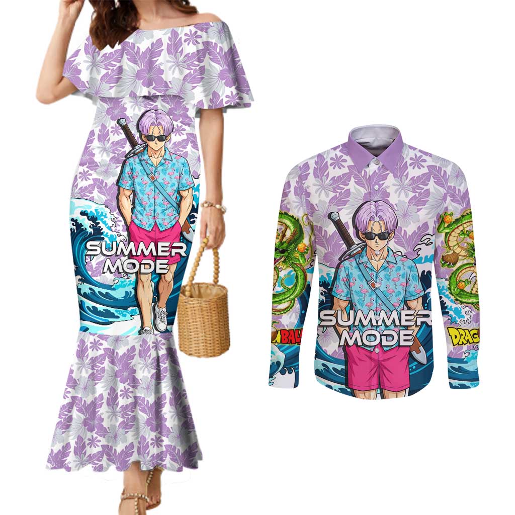 Trunks Dragon Ball Summer Theme Couples Matching Mermaid Dress and Long Sleeve Button Shirt with Sword Floral Shirt Sunglasses Shenron and Ocean Wave Background - The Mazicc