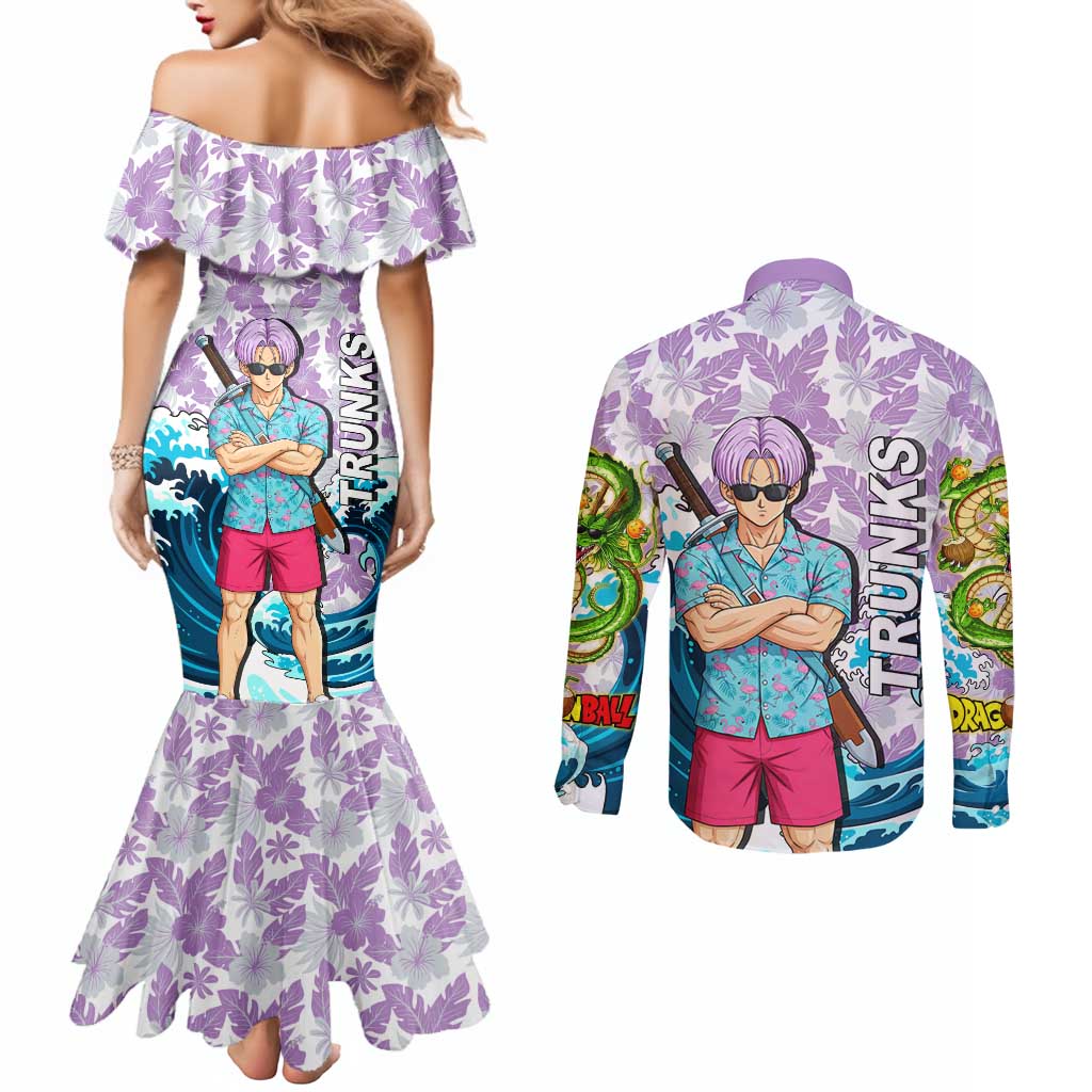 Trunks Dragon Ball Summer Theme Couples Matching Mermaid Dress and Long Sleeve Button Shirt with Sword Floral Shirt Sunglasses Shenron and Ocean Wave Background - The Mazicc