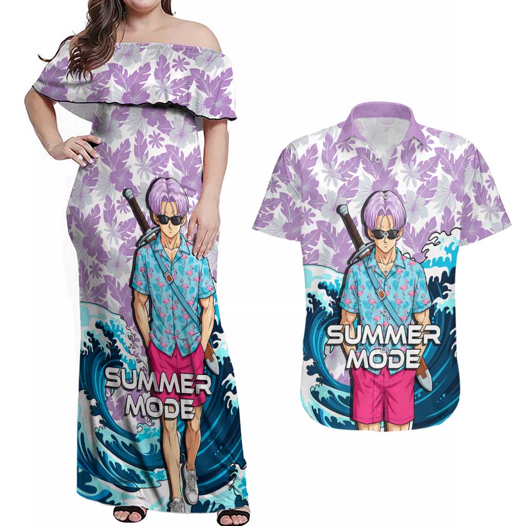 Trunks Dragon Ball Summer Theme Couples Matching Off Shoulder Maxi Dress and Hawaiian Shirt with Sword Floral Shirt Sunglasses Shenron and Ocean Wave Background - The Mazicc