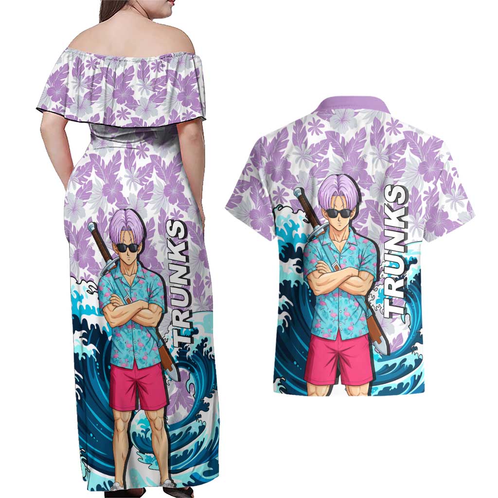 Trunks Dragon Ball Summer Theme Couples Matching Off Shoulder Maxi Dress and Hawaiian Shirt with Sword Floral Shirt Sunglasses Shenron and Ocean Wave Background - The Mazicc