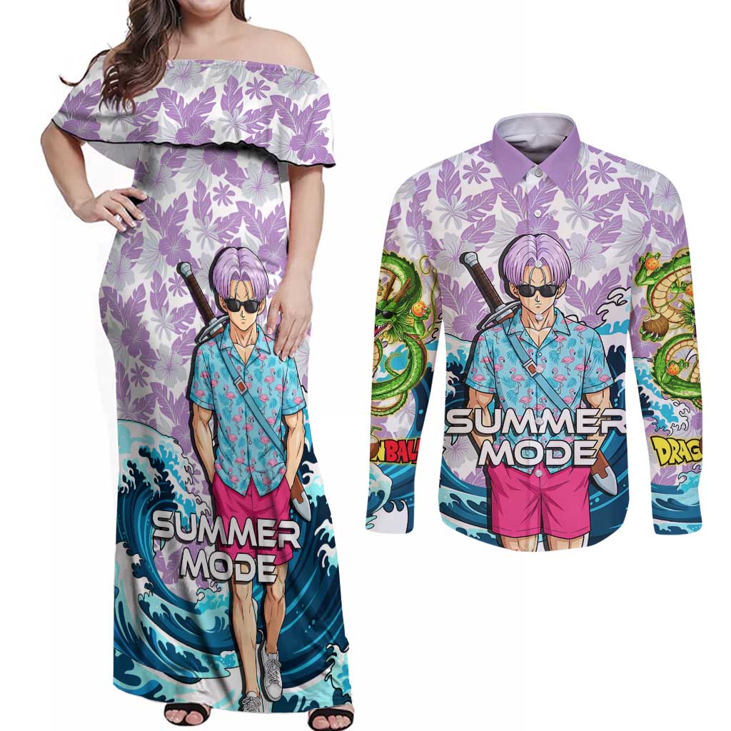 Trunks Dragon Ball Summer Theme Couples Matching Off Shoulder Maxi Dress and Long Sleeve Button Shirt with Sword Floral Shirt Sunglasses Shenron and Ocean Wave Background - The Mazicc