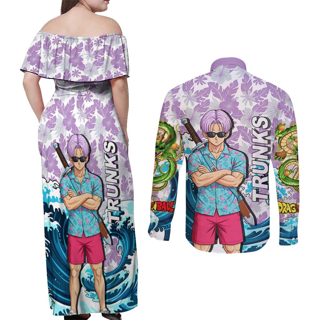 Trunks Dragon Ball Summer Theme Couples Matching Off Shoulder Maxi Dress and Long Sleeve Button Shirt with Sword Floral Shirt Sunglasses Shenron and Ocean Wave Background - The Mazicc