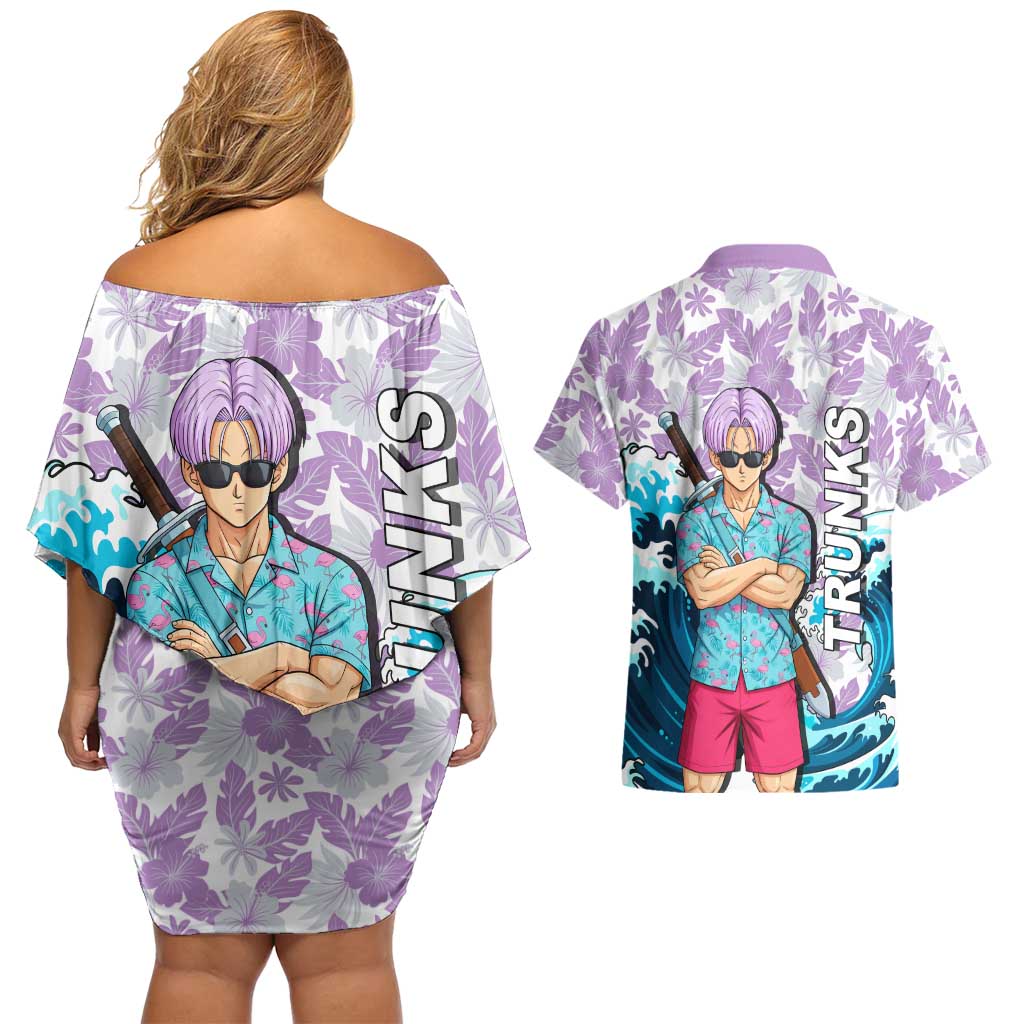 Trunks Dragon Ball Summer Theme Couples Matching Off Shoulder Short Dress and Hawaiian Shirt with Sword Floral Shirt Sunglasses Shenron and Ocean Wave Background - The Mazicc