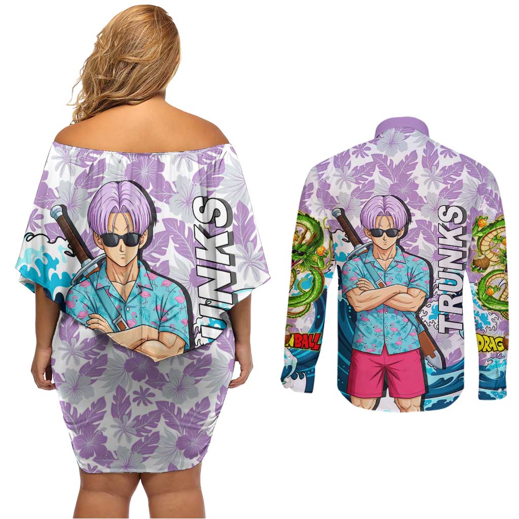 Trunks Dragon Ball Summer Theme Couples Matching Off Shoulder Short Dress and Long Sleeve Button Shirt with Sword Floral Shirt Sunglasses Shenron and Ocean Wave Background - The Mazicc