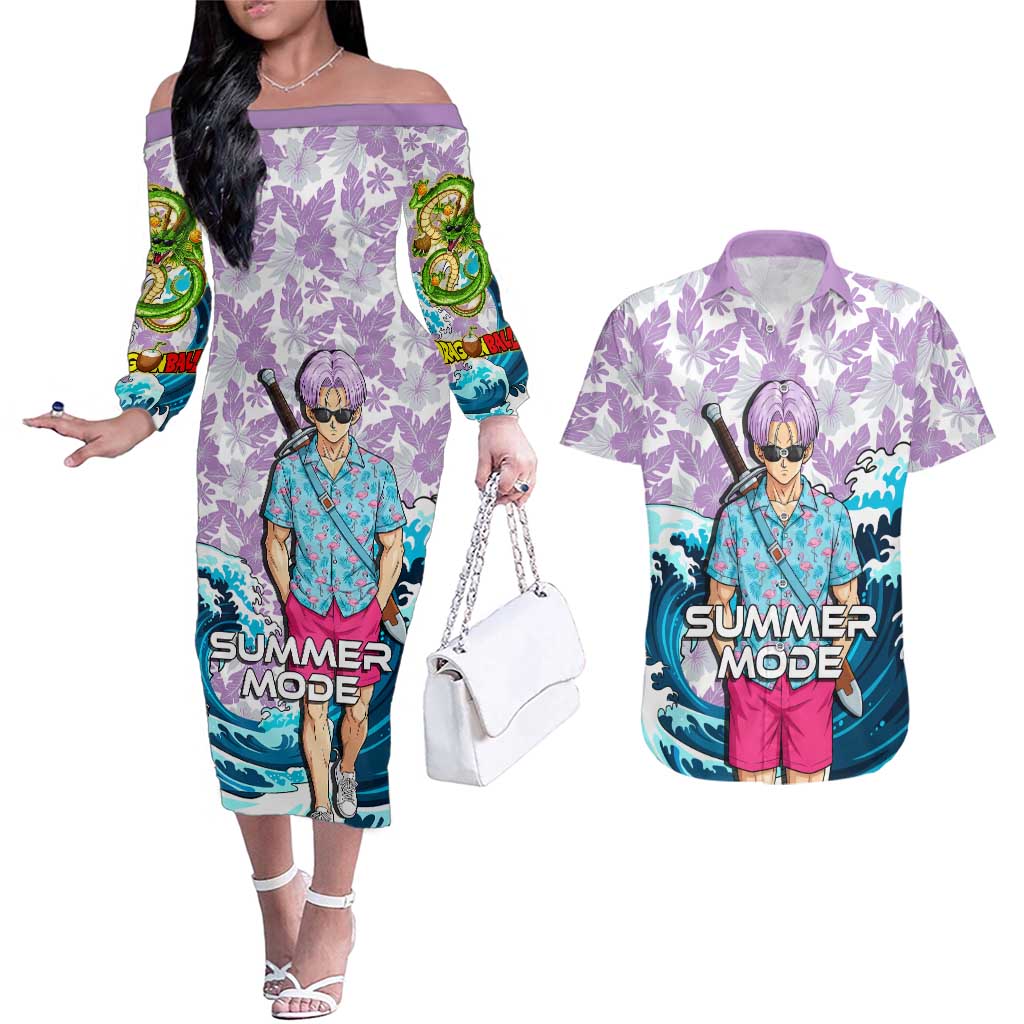 Trunks Dragon Ball Summer Theme Couples Matching Off The Shoulder Long Sleeve Dress and Hawaiian Shirt with Sword Floral Shirt Sunglasses Shenron and Ocean Wave Background - The Mazicc