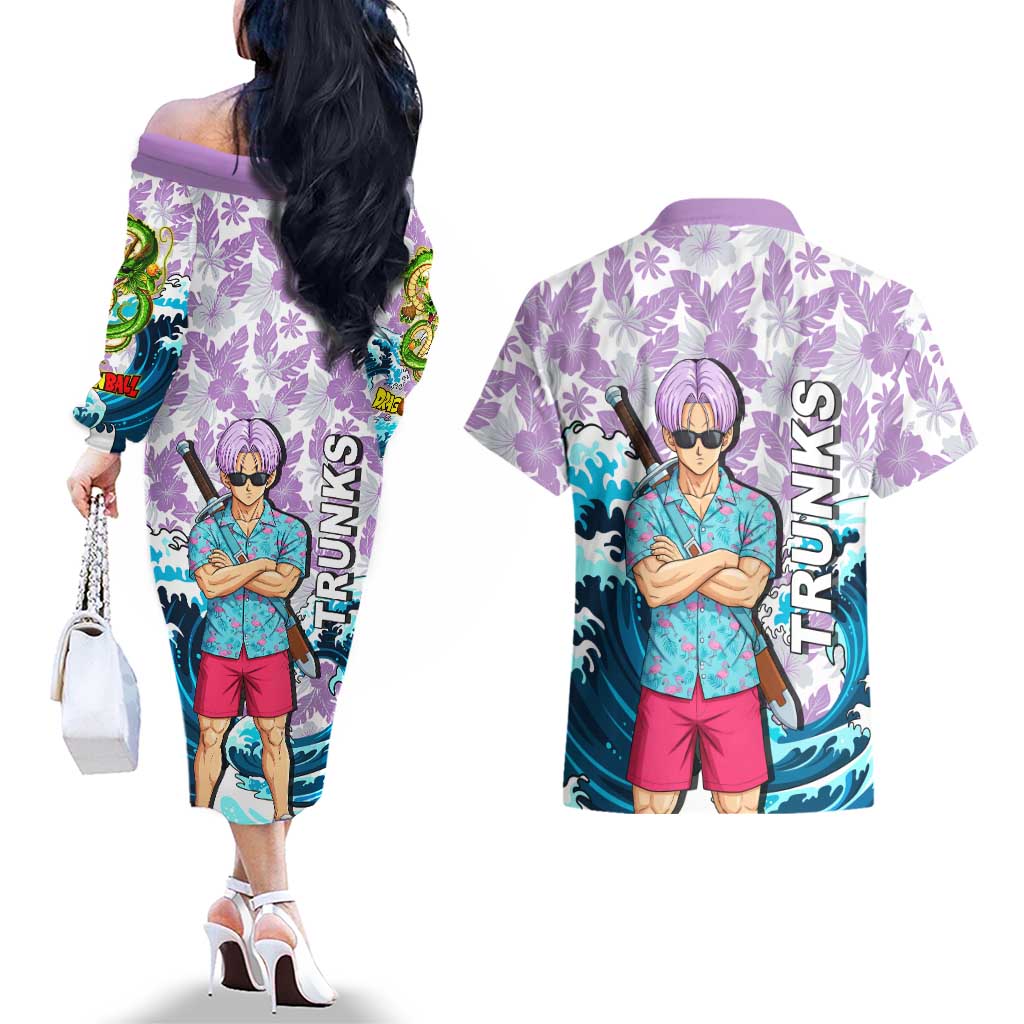 Trunks Dragon Ball Summer Theme Couples Matching Off The Shoulder Long Sleeve Dress and Hawaiian Shirt with Sword Floral Shirt Sunglasses Shenron and Ocean Wave Background - The Mazicc