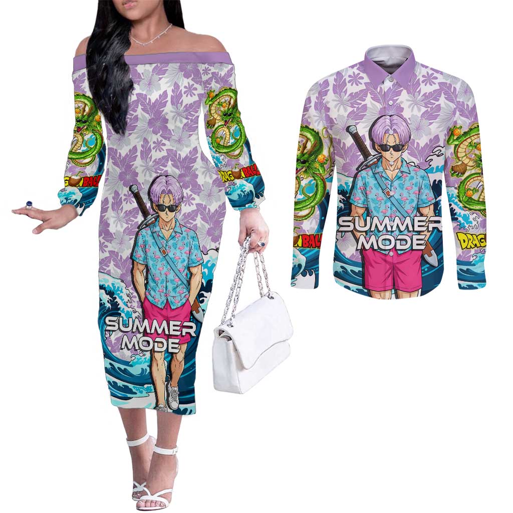 Trunks Dragon Ball Summer Theme Couples Matching Off The Shoulder Long Sleeve Dress and Long Sleeve Button Shirt with Sword Floral Shirt Sunglasses Shenron and Ocean Wave Background - The Mazicc