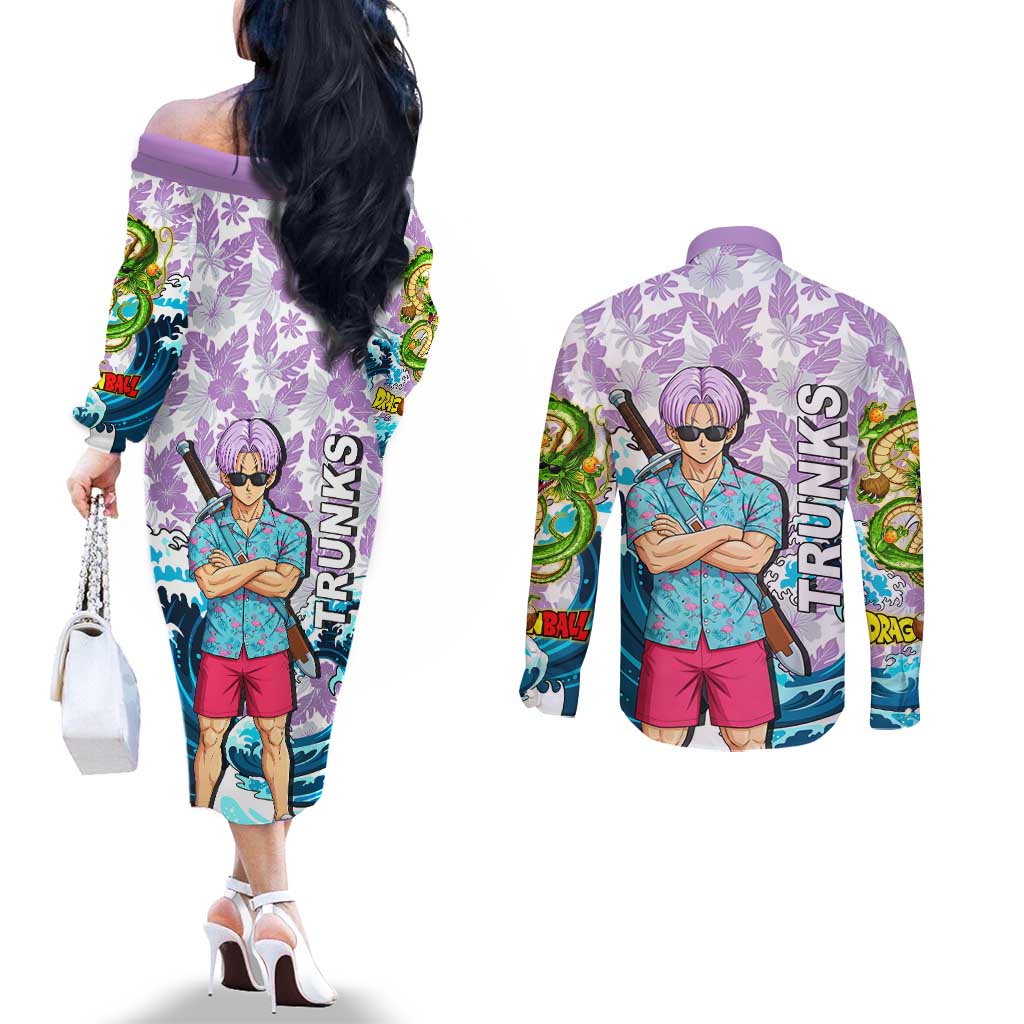 Trunks Dragon Ball Summer Theme Couples Matching Off The Shoulder Long Sleeve Dress and Long Sleeve Button Shirt with Sword Floral Shirt Sunglasses Shenron and Ocean Wave Background - The Mazicc