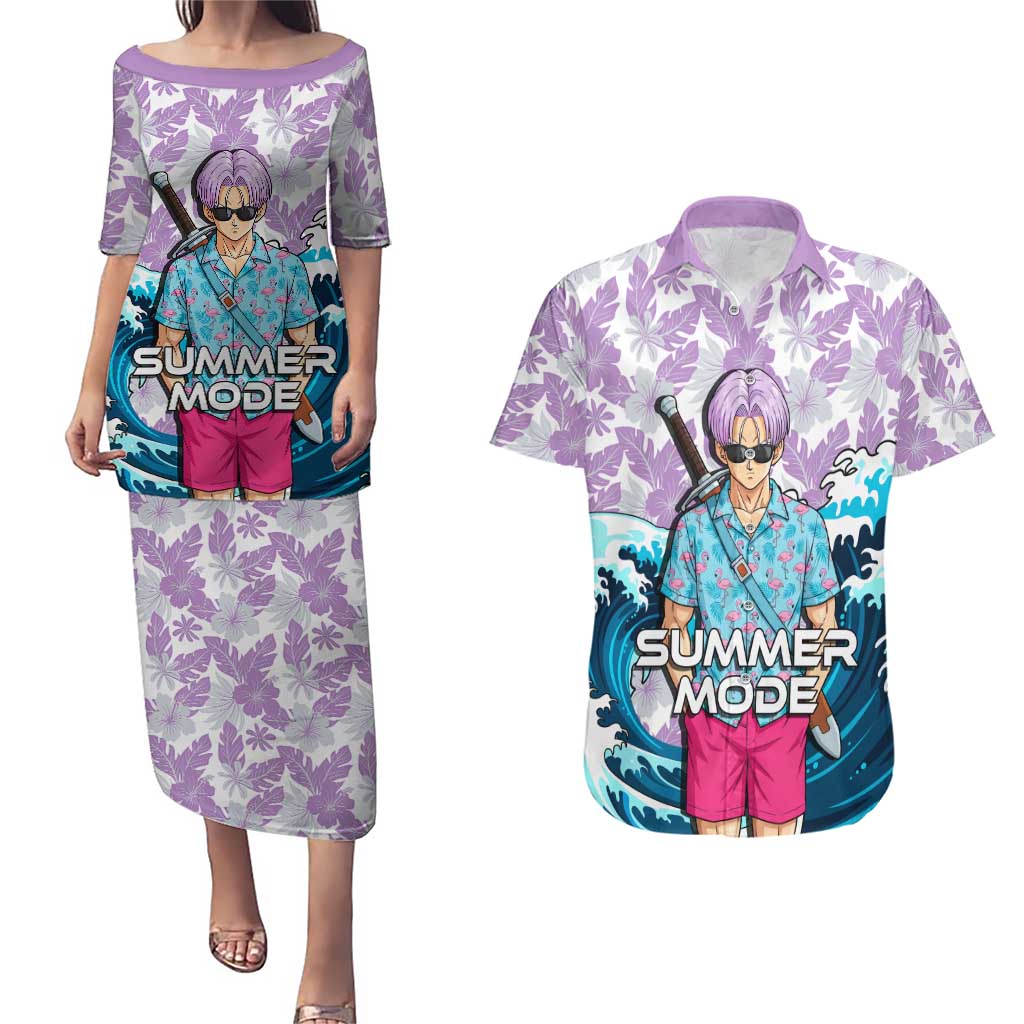 Trunks Dragon Ball Summer Theme Couples Matching Puletasi and Hawaiian Shirt with Sword Floral Shirt Sunglasses Shenron and Ocean Wave Background - The Mazicc