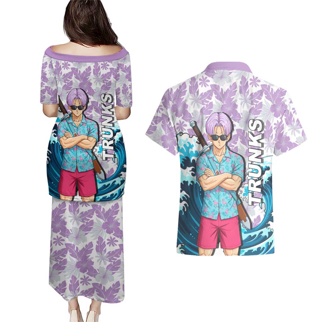 Trunks Dragon Ball Summer Theme Couples Matching Puletasi and Hawaiian Shirt with Sword Floral Shirt Sunglasses Shenron and Ocean Wave Background - The Mazicc