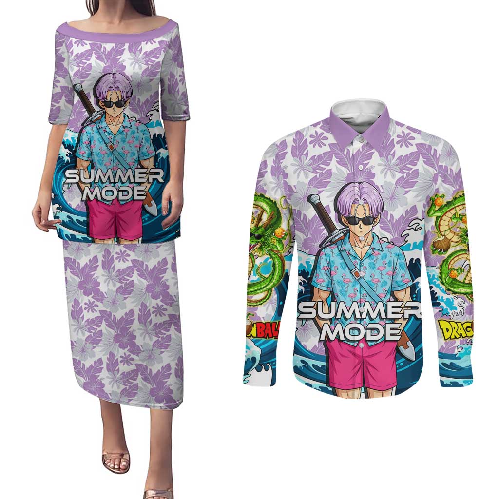 Trunks Dragon Ball Summer Theme Couples Matching Puletasi and Long Sleeve Button Shirt with Sword Floral Shirt Sunglasses Shenron and Ocean Wave Background - The Mazicc