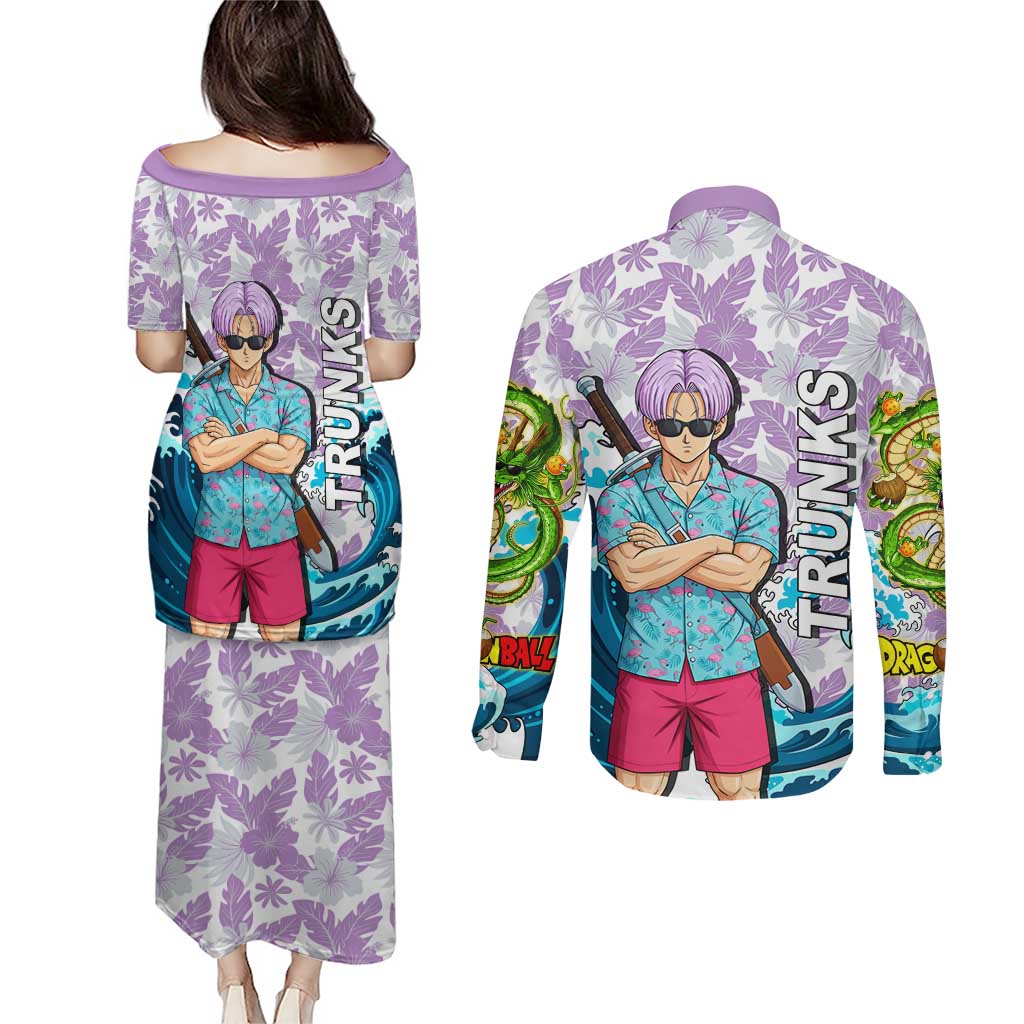 Trunks Dragon Ball Summer Theme Couples Matching Puletasi and Long Sleeve Button Shirt with Sword Floral Shirt Sunglasses Shenron and Ocean Wave Background - The Mazicc