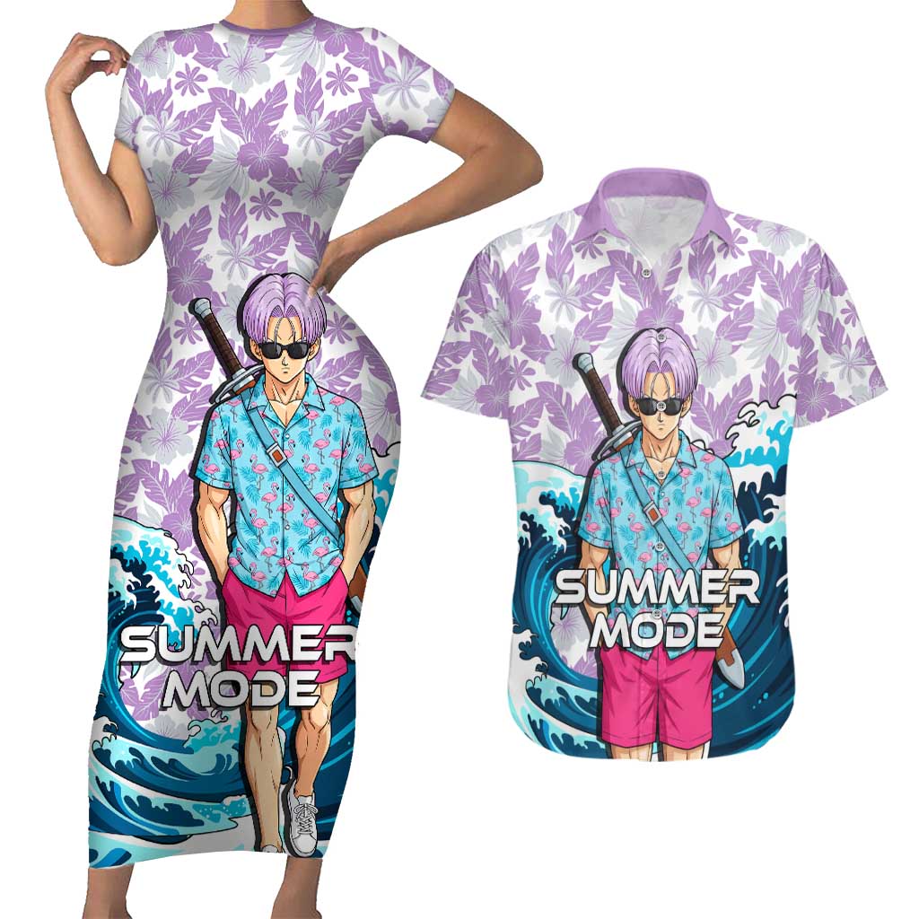 Trunks Dragon Ball Summer Theme Couples Matching Short Sleeve Bodycon Dress and Hawaiian Shirt with Sword Floral Shirt Sunglasses Shenron and Ocean Wave Background - The Mazicc