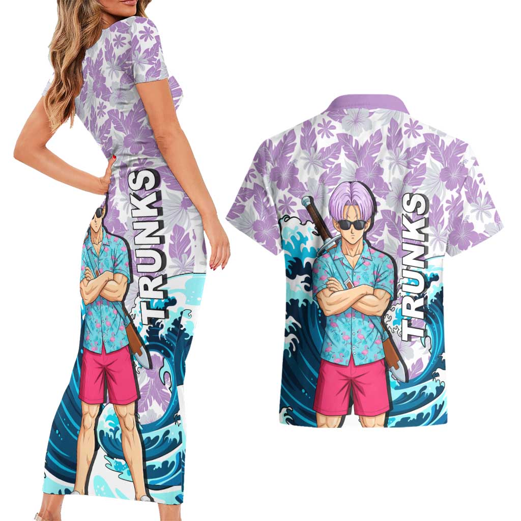 Trunks Dragon Ball Summer Theme Couples Matching Short Sleeve Bodycon Dress and Hawaiian Shirt with Sword Floral Shirt Sunglasses Shenron and Ocean Wave Background - The Mazicc