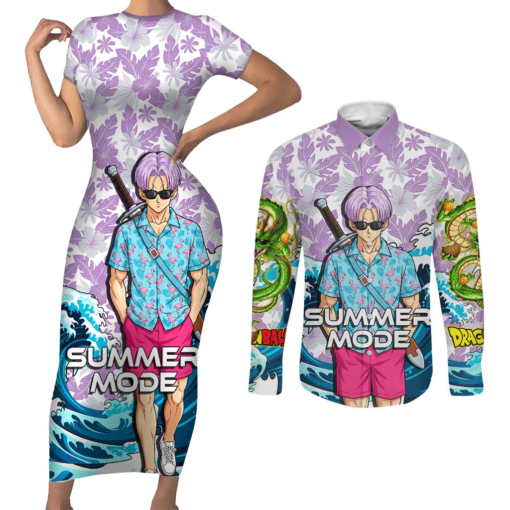Trunks Dragon Ball Summer Theme Couples Matching Short Sleeve Bodycon Dress and Long Sleeve Button Shirt with Sword Floral Shirt Sunglasses Shenron and Ocean Wave Background - The Mazicc