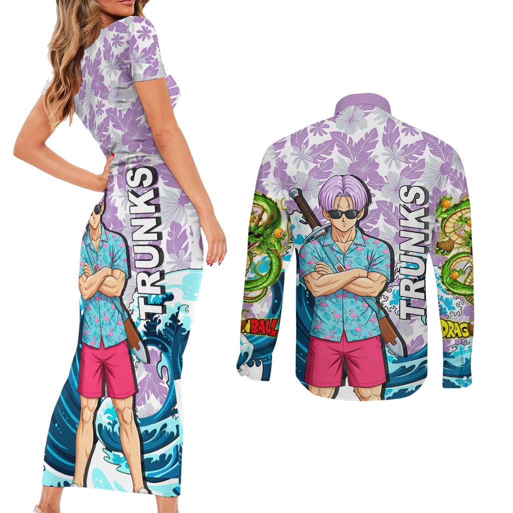 Trunks Dragon Ball Summer Theme Couples Matching Short Sleeve Bodycon Dress and Long Sleeve Button Shirt with Sword Floral Shirt Sunglasses Shenron and Ocean Wave Background - The Mazicc